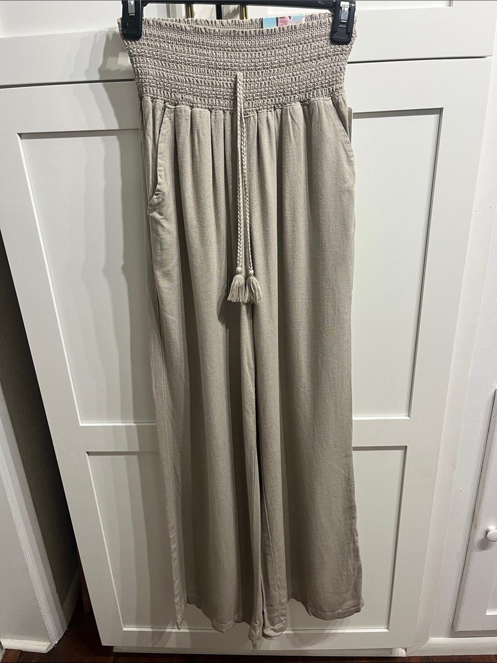 Rewash Smocked Waist Wide-Leg Part Linen - Taupe Beige Pants